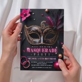 Masquerade Elegant Zwart Roze Feest Kaart