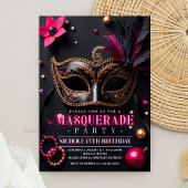 Masquerade Elegant Zwart Roze Feest Kaart