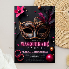 Masquerade Elegant Zwart Roze Feest Kaart