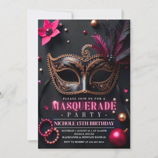 Masquerade Elegant Zwart Roze Feest Kaart (Voorkant)