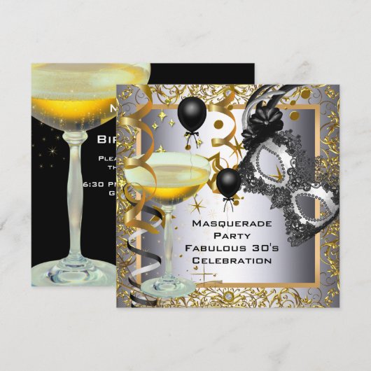 Masquerade Fabulous 30th Silver Gold Black Party Kaart (Voorkant / Achterkant)