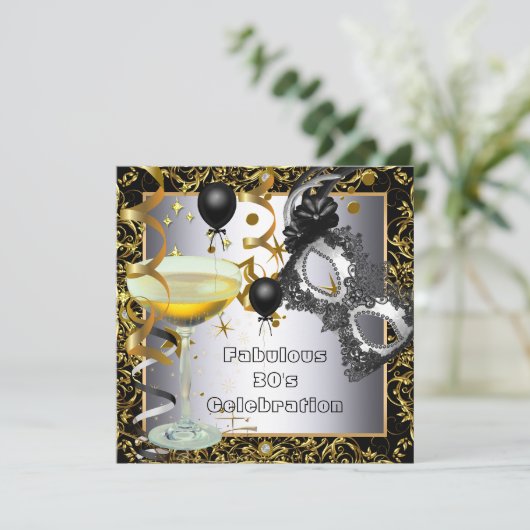 Masquerade Fabulous 30th Silver Gold Black Party Kaart (Staand voorkant)