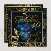 Masquerade Fabulous 40 Gold Blue Birthday Party Kaart (Voorkant / Achterkant)