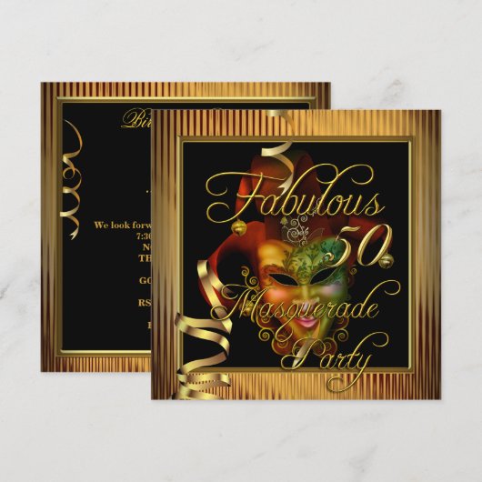 Masquerade Fabulous 50 Gold Black Birthday Party Kaart (Voorkant / Achterkant)