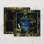 Masquerade Fabulous 50 Gold Blue Birthday Party Kaart (Voorkant / Achterkant)