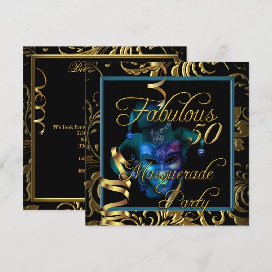 Masquerade Fabulous 50 Gold Blue Birthday Party Kaart (Voorkant / Achterkant)