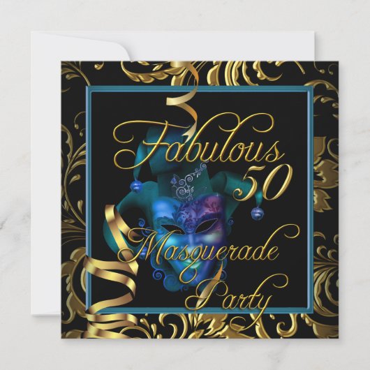 Masquerade Fabulous 50 Gold Blue Birthday Party Kaart (Voorkant)