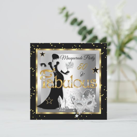 Masquerade Fabulous 50 Party Gold Silver Black Kaart (Staand voorkant)