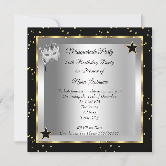 Masquerade Fabulous 50 Party Gold Silver Black Kaart (Achterkant)