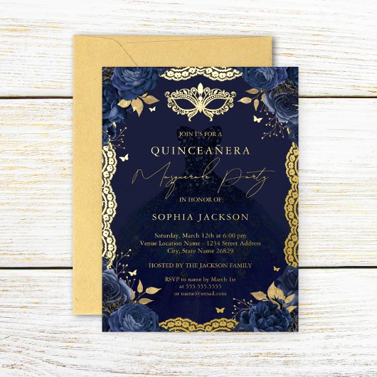 Masquerade-feest Navy bloemjurk Quinceanera Foi Folie Uitnodiging