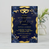Masquerade-feest Navy bloemjurk Quinceanera Foi Folie Uitnodiging (Staand Voorkant)