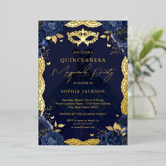 Masquerade-feest Navy bloemjurk Quinceanera Foi Folie Uitnodiging (Staand Voorkant)
