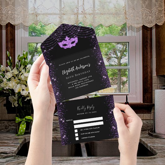 Masquerade feestdag verjaardag zwart paarse masker all in one uitnodiging