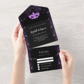 Masquerade feestdag verjaardag zwart paarse masker all in one uitnodiging (Afscheurbaar)