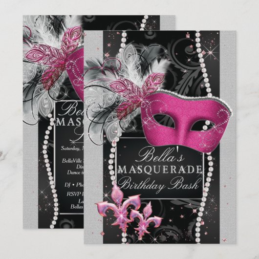 Masquerade Feestuitnodigingen, Mis Quince Anos Kaart (Voorkant / Achterkant)