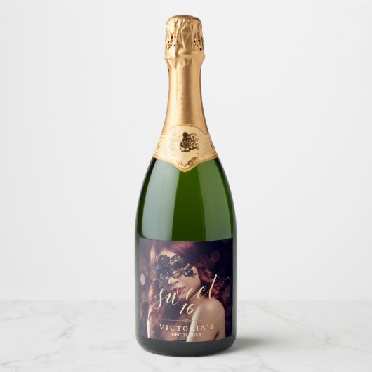 Masquerade Foto Sweet 16 Verjaardag Sparkling Wijnetiket (Voorkant)