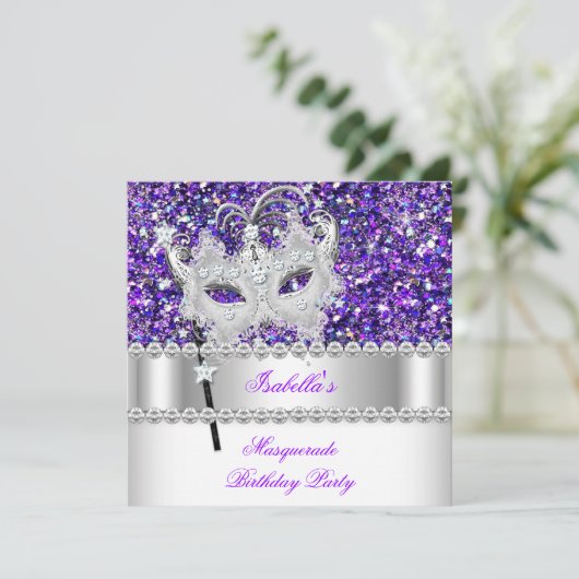 Masquerade Glitter Paars Diamond Masker Birthday 2 Kaart (Staand voorkant)