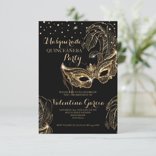 Masquerade glitter quinceanera mask nodig save the date (Staand voorkant)