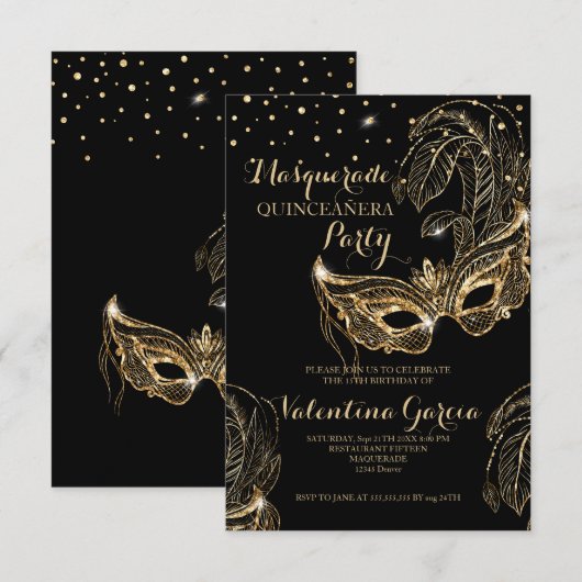 Masquerade glitter quinceanera mask nodig save the date (Voorkant / Achterkant)