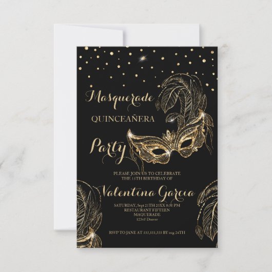 Masquerade glitter quinceanera mask nodig save the date (Voorkant)