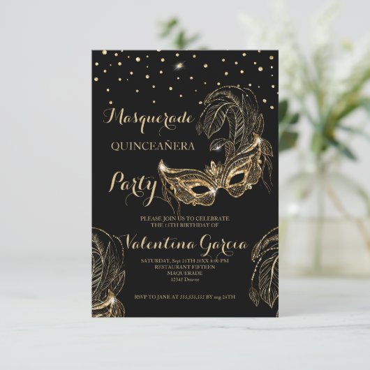 Masquerade glitter quinceanera mask nodig save the date (Staand voorkant)