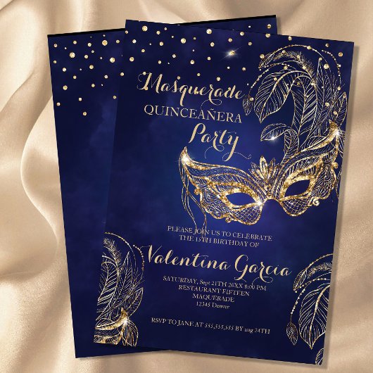 Masquerade glitter quinceanera mask nodigt marine save the date