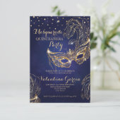 Masquerade glitter quinceanera mask nodigt marine save the date (Staand voorkant)