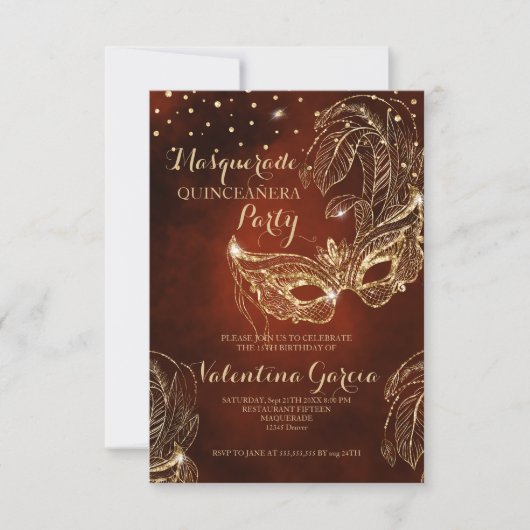 Masquerade glitter quinceanera mask nodigt rood ui save the date (Voorkant)