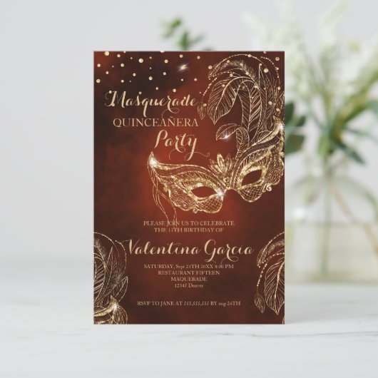 Masquerade glitter quinceanera mask nodigt rood ui save the date (Staand voorkant)