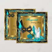 Masquerade Gold Blauwgroen zwart glitter-masker op Kaart (Voorkant / Achterkant)