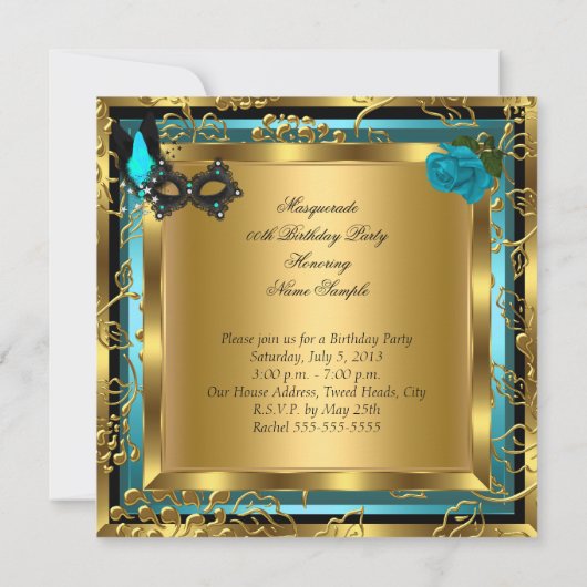 Masquerade Gold Blauwgroen zwart glitter-masker op Kaart (Achterkant)