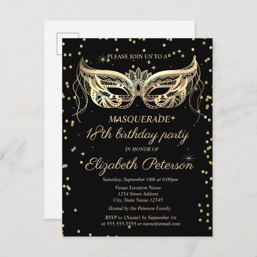 Masquerade Gold Diamonds 18e verjaardag Uitnodiging Briefkaart (Voorkant / Achterkant)