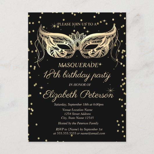 Masquerade Gold Diamonds 18e verjaardag Uitnodiging Briefkaart (Voorkant)