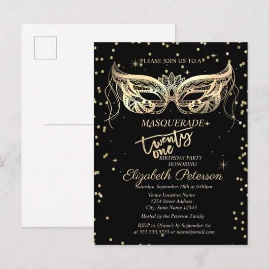 Masquerade Gold Diamonds 21e verjaardag Uitnodiging Briefkaart (Voorkant / Achterkant)