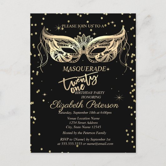 Masquerade Gold Diamonds 21e verjaardag Uitnodiging Briefkaart (Voorkant)