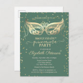 Masquerade Gold Diamonds Green Quinceañera Uitnodiging Briefkaart (Voorkant / Achterkant)