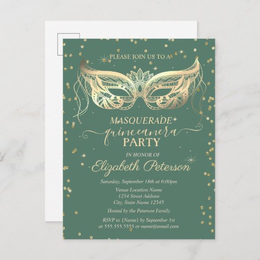 Masquerade Gold Diamonds Green Quinceañera Uitnodiging Briefkaart (Voorkant / Achterkant)