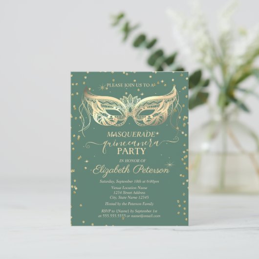 Masquerade Gold Diamonds Green Quinceañera Uitnodiging Briefkaart (Staand voorkant)