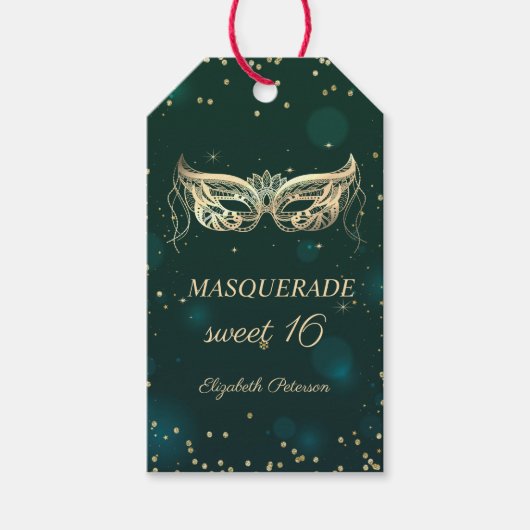 Masquerade Gold Diamonds Green Sweet 16 Cadeaulabel (Voorkant)