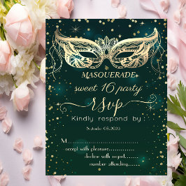 Masquerade Gold Diamonds Green Sweet 16 RSVP Kaart