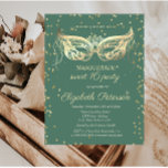 Masquerade Gold Diamonds Green Sweet 16  Uitnodiging Briefkaart<br><div class="desc">Gold diamonds and masque on green background.</div>