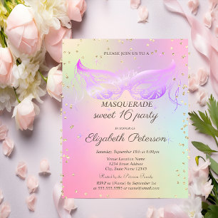 Masquerade Gold Diamonds Holographic Sweet 16 Uitnodiging Briefkaart