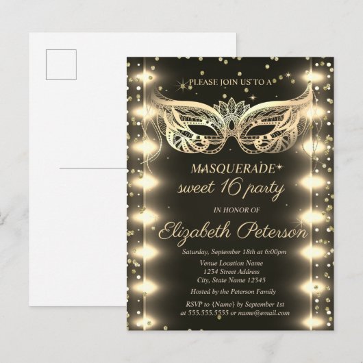 Masquerade Gold Diamonds Licht Sweet 16 Uitnodiging Briefkaart (Voorkant / Achterkant)