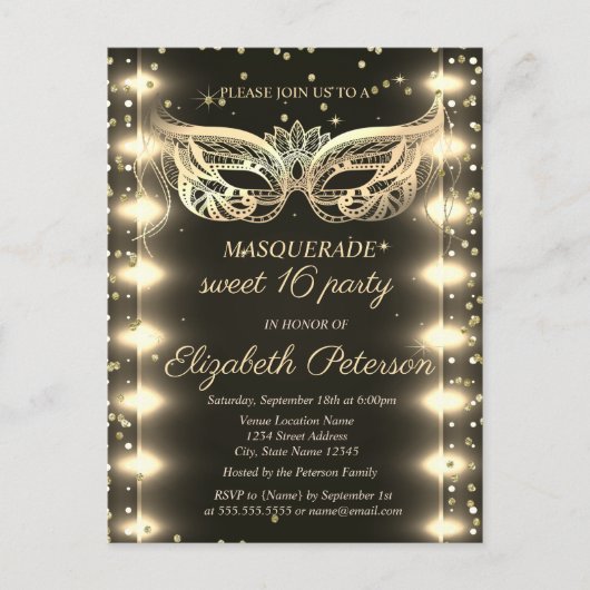 Masquerade Gold Diamonds Licht Sweet 16 Uitnodiging Briefkaart (Voorkant)