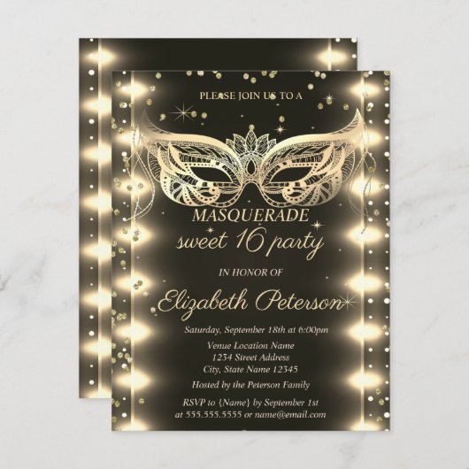 Masquerade Gold Diamonds Lights Sweet 16  Kaart (Voorkant / Achterkant)