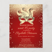 Masquerade Gold Diamonds, Masque, Red Sweet 16 Uitnodiging Briefkaart (Voorkant)