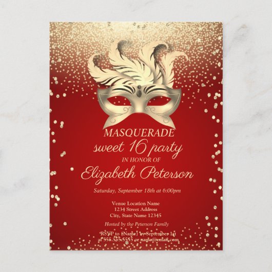 Masquerade Gold Diamonds, Masque, Red Sweet 16 Uitnodiging Briefkaart (Voorkant)