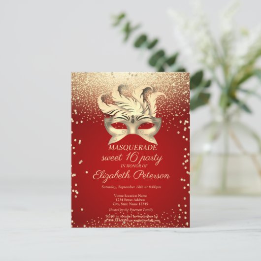 Masquerade Gold Diamonds, Masque, Red Sweet 16 Uitnodiging Briefkaart (Staand voorkant)