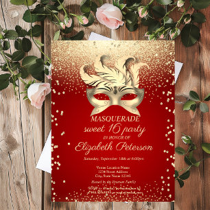 Masquerade Gold Diamonds, Masque, Red Sweet 16 Uitnodiging Briefkaart