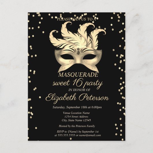 Masquerade Gold Diamonds, Masque Sweet 16 Uitnodiging Briefkaart (Voorkant)